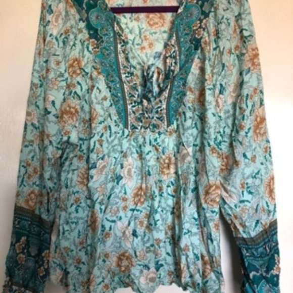 Boho Gypsy Floral Print Blouse Top teal - Picture 8 of 8